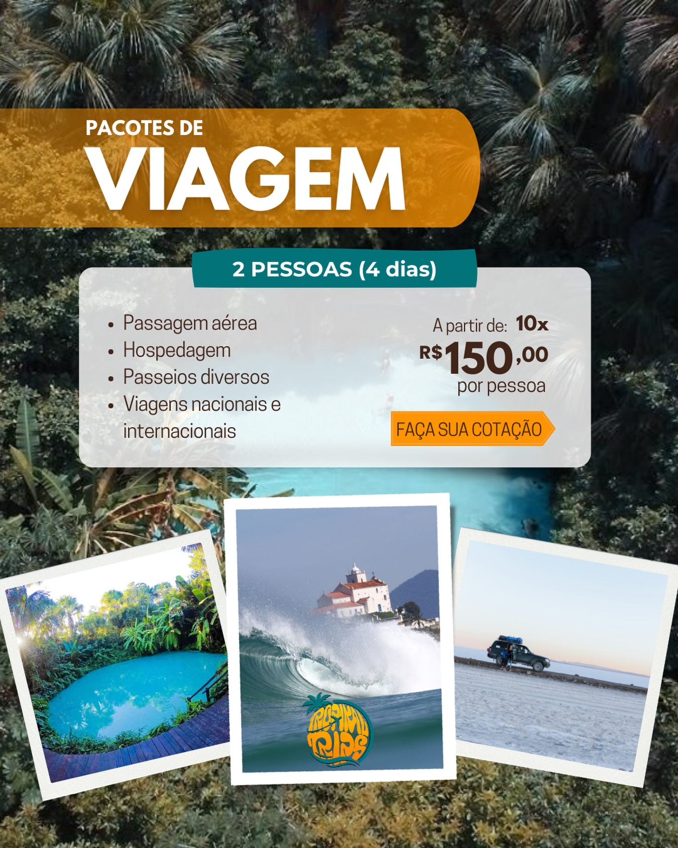 ✈️ Sua próxima viagem começa aqui!

Passagem aérea + hospedagem + passeios em um pacote completo, pensado para você viajar com praticidade e economia.

Nacionais e internacionais
Para casal, família ou amigos
Condições facilitadas no cartão de crédito 💳 

Está esperando o quê para tirar aquela viagem do papel?
Chame no WhatsApp e monte seu pacote personalizado agora. 🏃 
As melhores tarifas não ficam disponíveis por muito tempo. 🫵🏼