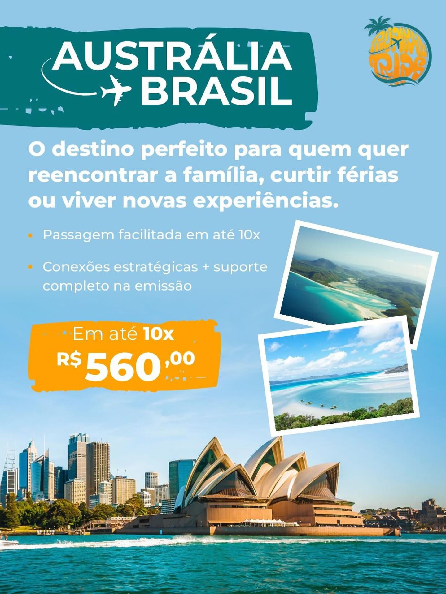 Saudade da família, das praias, do sotaque, do calor do Brasil? 🇧🇷🌊

A TropiKal Trips emite sua passagem Austrália → Brasil por até 65% menos do que os sites convencionais. Em até 10x no cartão.

Você não precisa mais adiar o reencontro. 🤙

✈️ Manda mensagem e receba sua cotação hoje.
📲 Link na bio.